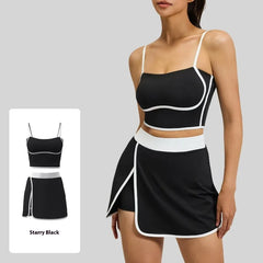 Women's Yoga Set 2-Piece– Suspenders Corset & Patchwork Skirt Anti-Slip Tight-Fit Sports Bra