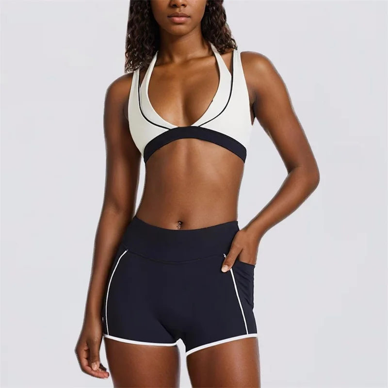 Yoga Shorts Sets Fake Two-Piece Sports Bras V-Neck Hanging Neck Fitness Contrast