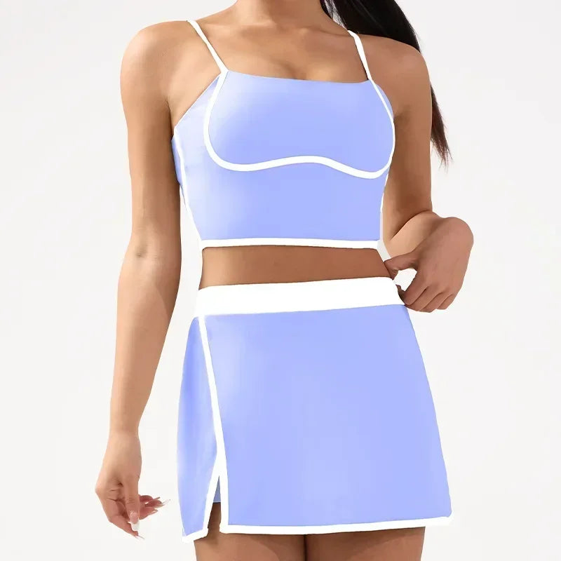 Women's Yoga Set 2-Piece– Suspenders Corset & Patchwork Skirt  Anti-Slip Tight-Fit Sports Bra