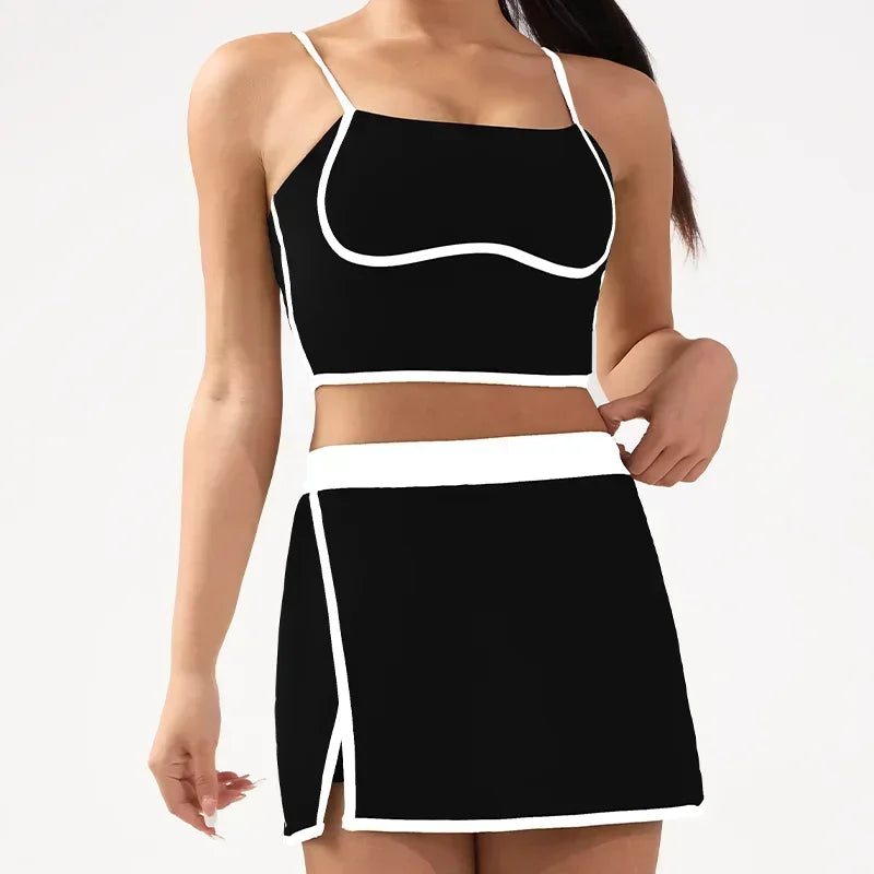 Women's Yoga Set 2-Piece– Suspenders Corset & Patchwork Skirt  Anti-Slip Tight-Fit Sports Bra