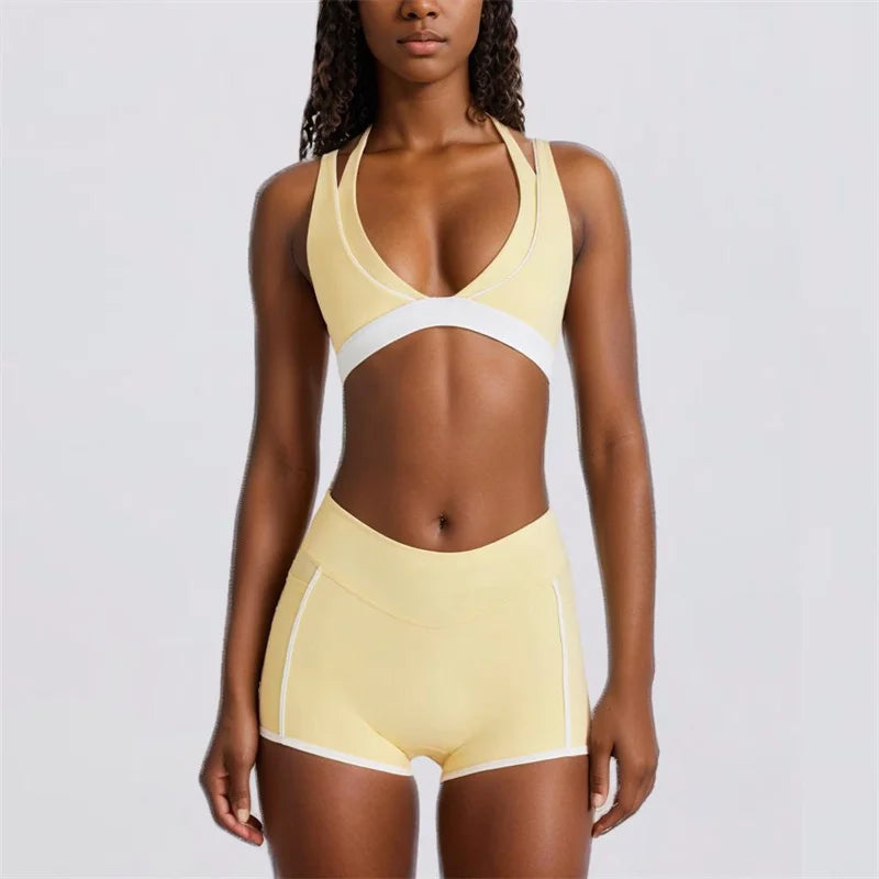 Yoga Shorts Sets Fake Two-Piece Sports Bras V-Neck Hanging Neck Fitness Contrast