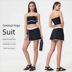 Women's Yoga Set 2-Piece– Suspenders Corset & Patchwork Skirt  Anti-Slip Tight-Fit Sports Bra