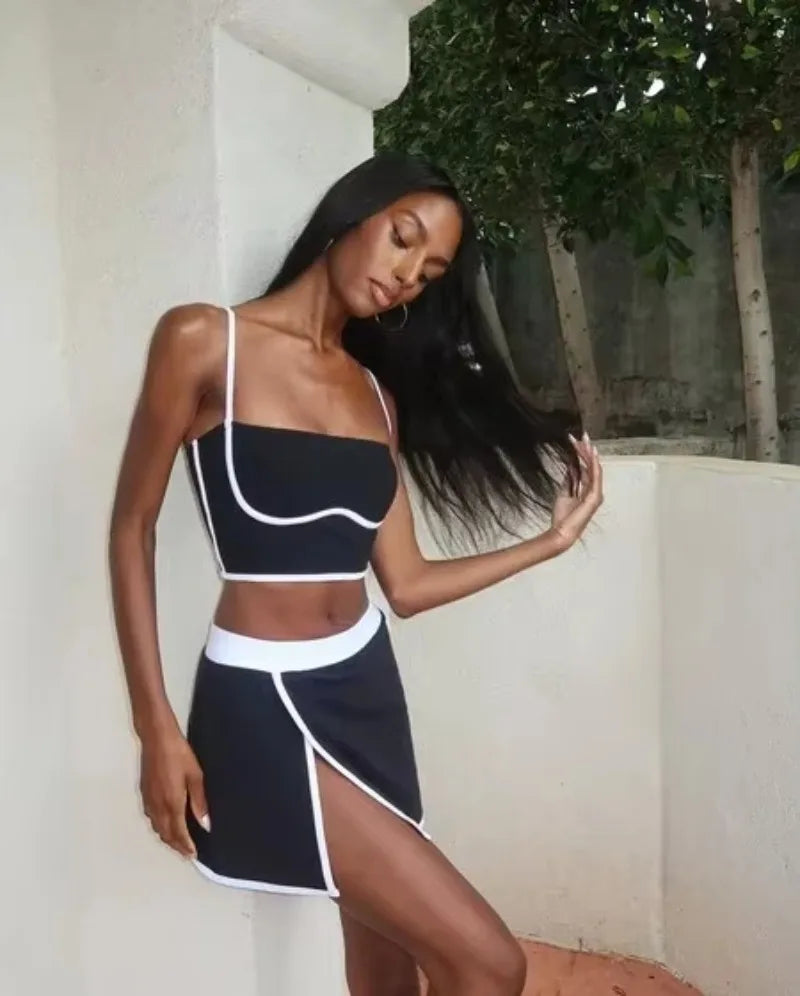 Women's Yoga Set 2-Piece– Suspenders Corset & Patchwork Skirt  Anti-Slip Tight-Fit Sports Bra