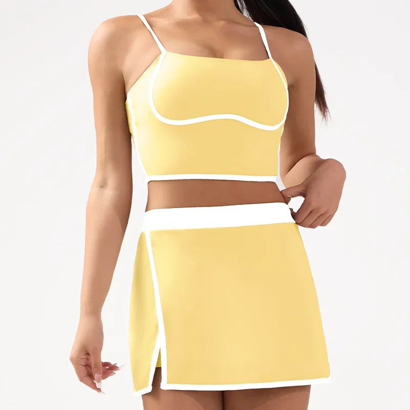 Women's Yoga Set 2-Piece– Suspenders Corset & Patchwork Skirt  Anti-Slip Tight-Fit Sports Bra