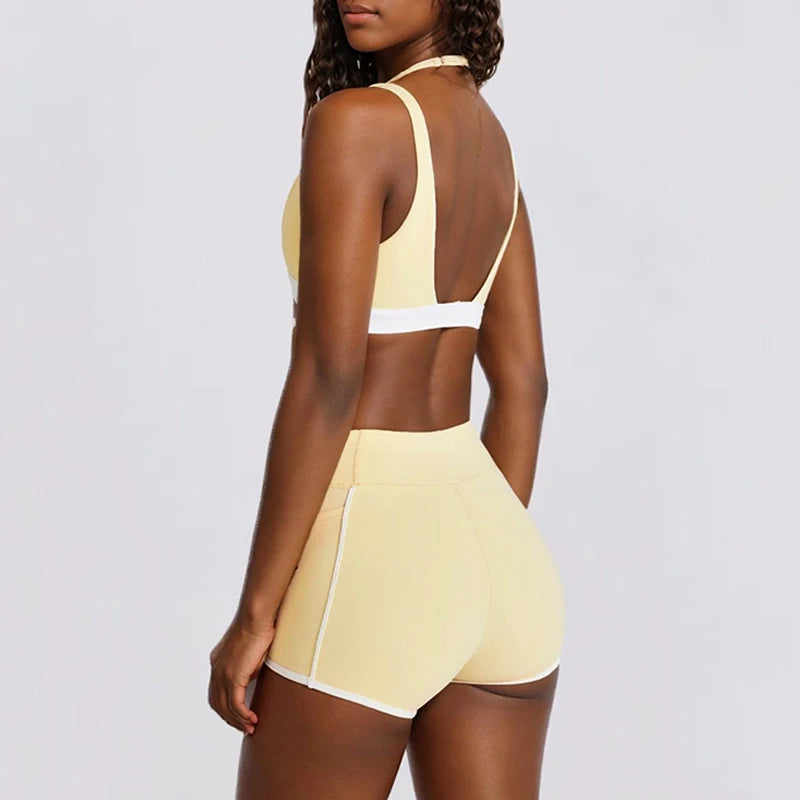 Yoga Shorts Sets Fake Two-Piece Sports Bras V-Neck Hanging Neck Fitness Contrast