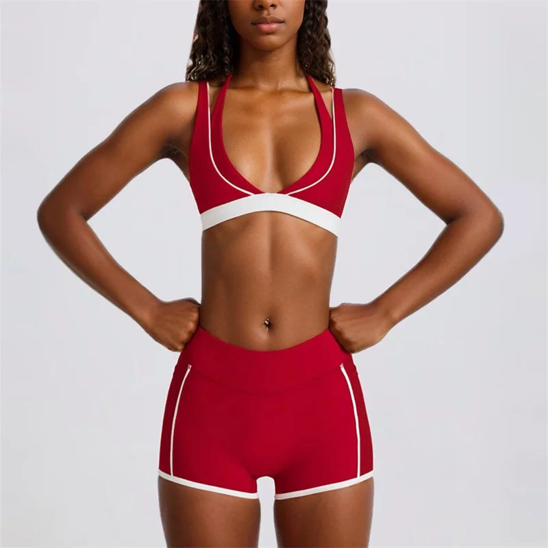 Yoga Shorts Sets Fake Two-Piece Sports Bras V-Neck Hanging Neck Fitness Contrast