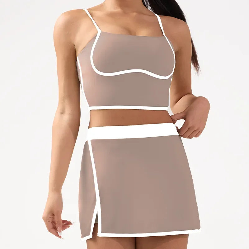 Women's Yoga Set 2-Piece– Suspenders Corset & Patchwork Skirt  Anti-Slip Tight-Fit Sports Bra